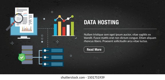 Data hosting concept. Internet banner with icons in vector. Web banner for business, finance, strategy, investment, technology and planning.