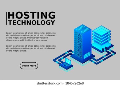 Data hosting. Data flow. Data storage. Server. Digital space. Big Data. Technology. Conceptual illustration. Isometric vector illustration.