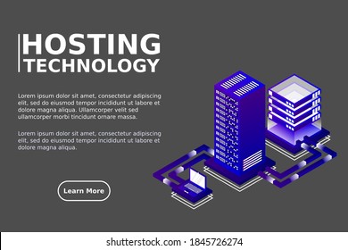 Data hosting. Data flow. Data storage. Server. Digital space. Big Data. Technology. Conceptual illustration. Isometric vector illustration.