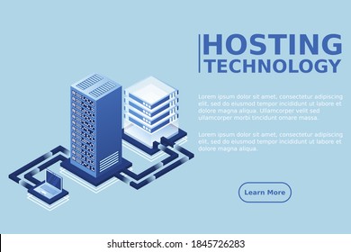Data hosting. Data flow. Data storage. Server. Digital space. Big Data. Technology. Conceptual illustration. Isometric vector illustration.