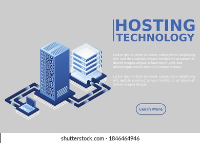 Data hosting. Data flow. Data storage. Server. Digital space. Big Data. Technology. Conceptual illustration. Isometric vector illustration.