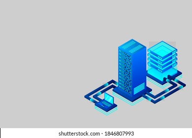 Data hosting. Data flow. Data storage. Server. Digital space. Big Data. Technology. Conceptual illustration. Isometric vector illustration.