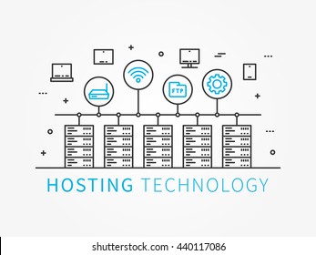 Data Hosting Infrastructure with server system. Analysis infrastructure for server room with devices and icons. Data hosting technology and server infrastructure. Vector illustration, linear concept.