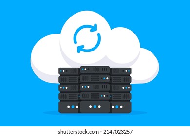 Data Hosting Servers connected to Cloud. Cloud Data storage. Data storage network technology. Online cloud computing. Server cabinets. Memory and information transfer. Security and protection