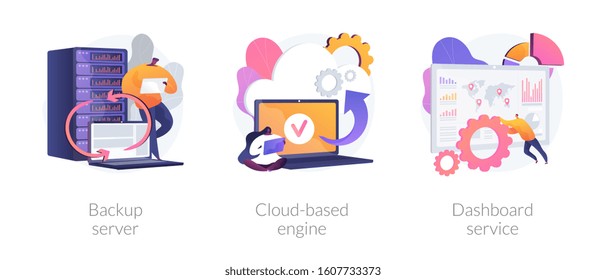 Data hosting technology. Cloud computing security. Remote access, network storage. Backup server, cloud-based engine, dashboard service metaphors. Vector isolated concept metaphor illustrations