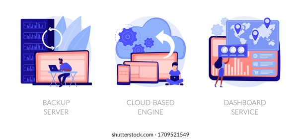 Data hosting technology. Cloud computing security. Remote access, network storage. Backup server, cloud-based engine, dashboard service metaphors. Vector isolated concept metaphor illustrations