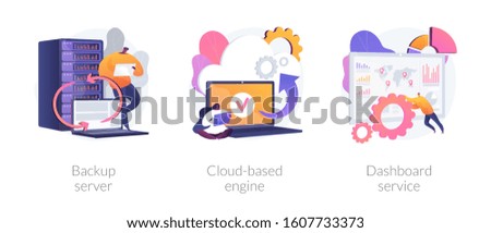 Data hosting technology. Cloud computing security. Remote access, network storage. Backup server, cloud-based engine, dashboard service metaphors. Vector isolated concept metaphor illustrations