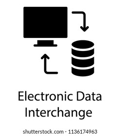 Data house, laptop and two reversing arrows showing process of electronic data interchange icon  