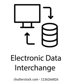 Data house, laptop and two reversing arrows showing process of electronic data interchange icon  