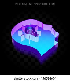 Data icon: 3d neon glowing Head With Light Bulb made of glass with transparent shadow on black background, EPS 10 vector illustration.