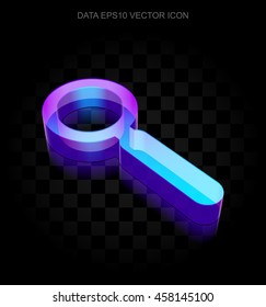 Data icon: 3d neon glowing Search made of glass with transparent shadow on black background, EPS 10 vector illustration.