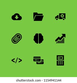 data icon. 9 data set with download, healthcare and medical, brain and code vector icons for web and mobile app