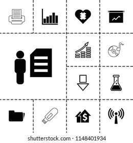 Data icon. collection of 13 data filled and outline icons such as dolar growth, cpu in heart, test tube, man and document. editable data icons for web and mobile.