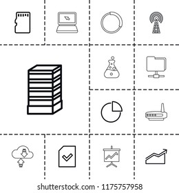 Data icon. collection of 13 data outline icons such as business center building, file, pie chart, memory card, chart, signal tower. editable data icons for web and mobile.