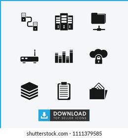 Data icon. collection of 9 data filled icons such as cloud protection, archive, document in folder, folder, server, router, cable. editable data icons for web and mobile.