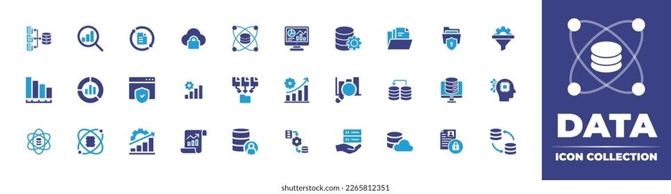 Data icon collection. Duotone color. Vector illustration. Containing science, cloud, data processing, analytics, data integration, bar chart, collection, web security, donut chart, database.