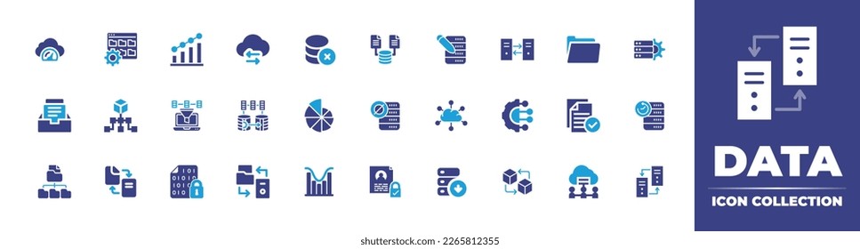 Data icon collection. Duotone color. Vector illustration. Containing cloud computing, database, data transfer, report, folder management, pie chart, data, filtering, hierarchical, archive, mean.