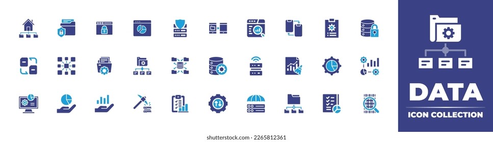 Data icon collection. Duotone color. Vector illustration. Containing data protection, data analysis, security, warehouse, oracle integrator, integration, management.