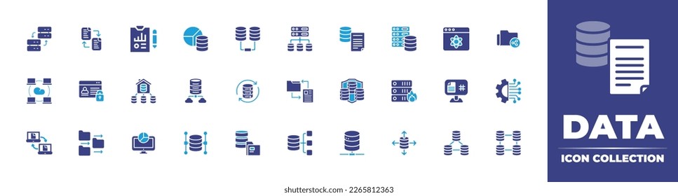 Data icon collection. Duotone color. Vector illustration. Containing data network, analytics, analysis, data copy, data transfer, integration, share, protection, sharing.