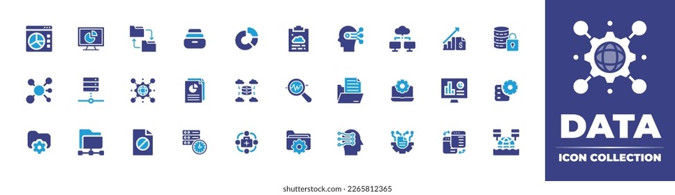 Data icon collection. Duotone color. Vector illustration. Containing donut chart, collection, data exchange, data analytics, server, report, centralized, medical service, server traffic, cancel.