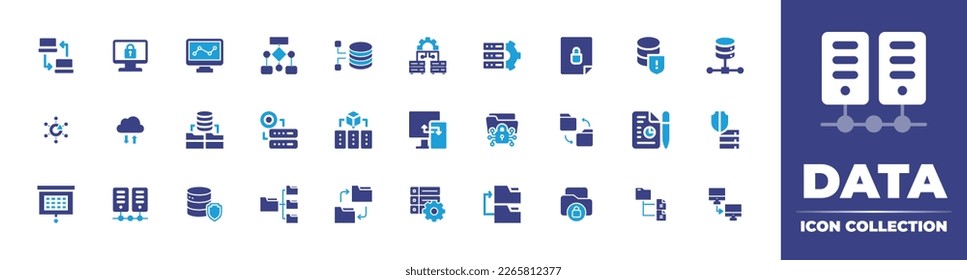 Recopilación de iconos de datos. Color de duotona. Ilustración vectorial. Contiene análisis de datos, flujo de datos, seguridad de datos, uso compartido, minería, almacenamiento, red, transferencia, análisis.