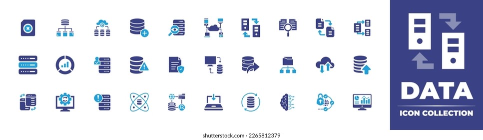 Data icon collection. Duotone color. Vector illustration. Containing audit, add database, cloud server, data modelling, file, file protection, database, authenticity, pie chart, servers.