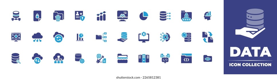 Data icon collection. Duotone color. Vector illustration. Containing business, data security, folder, locked, data modelling, data classification, regression, cloud computing, medical report.