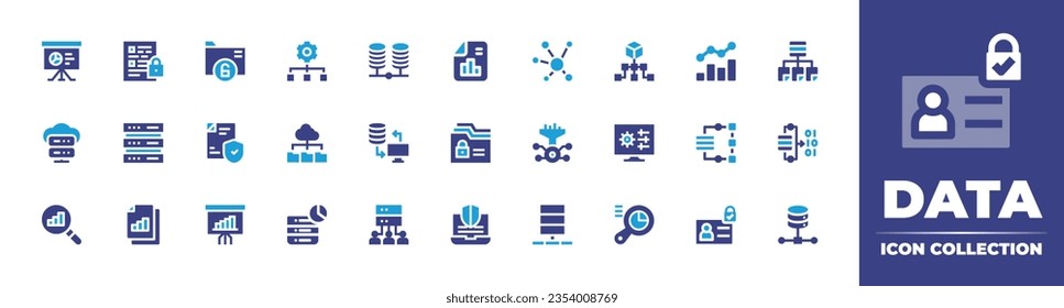 Data icon collection. Duotone color. Vector and transparent illustration. Containing analysis, protection, data encryption, management, server, report, and more.