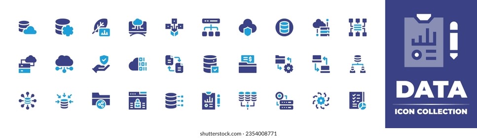 Data icon collection. Duotone color. Vector and transparent illustration. Containing cloud, database, analysis, cloud, distributed, structure, data security, server, storage, and more.