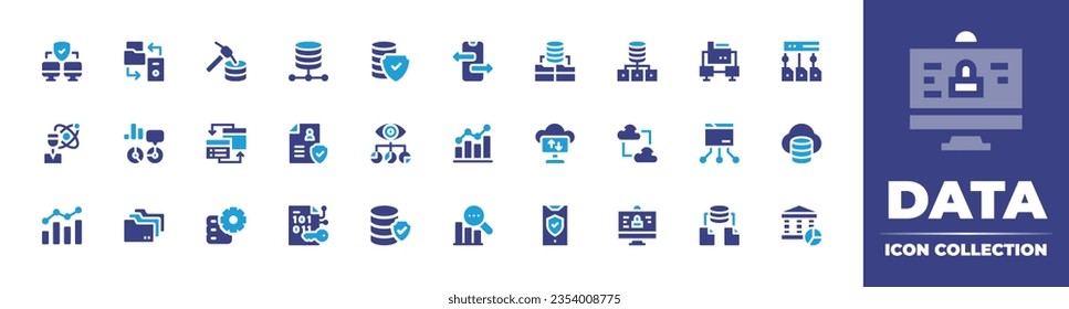 Recopilación de iconos de datos. Color de duotona. Ilustración vectorial y transparente. Conteniendo seguridad, transformación, minería, almacenamiento, protección, transferencia, red y más.