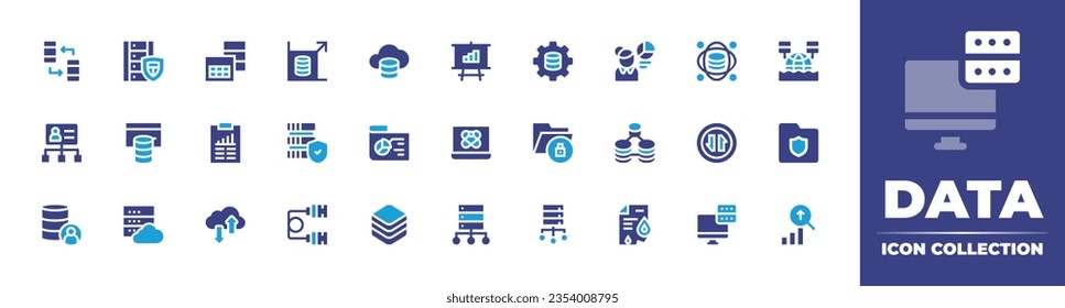 Data icon collection. Duotone color. Vector and transparent illustration. Containing data, database table, large, cloud, analytics, science, scientist, and more.