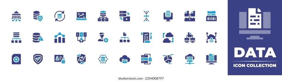 Recopilación de iconos de datos. Color de duotona. Ilustración vectorial y transparente. Conteniendo gobierno digital, datos, sincronización, comercio, grandes datos, transferencia, visualización, calidad y más.