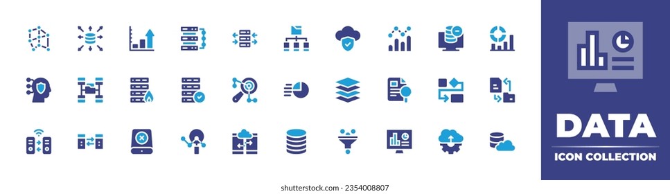 Data icon collection. Duotone color. Vector and transparent illustration. Containing structure, data science, analytics, server, transfer, file system, cloud, and more.