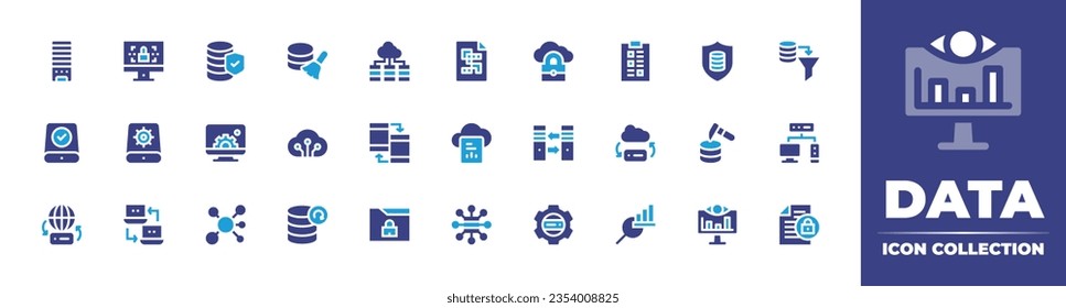 Sammlung von Datenymbolen. Duotonfarbe. Vektorgrafik und transparente Illustration. Enthält Speicherung, Daten, Überprüfung, Reinigung, Übertragung, unstrukturierte Daten, Sicherheit und mehr.