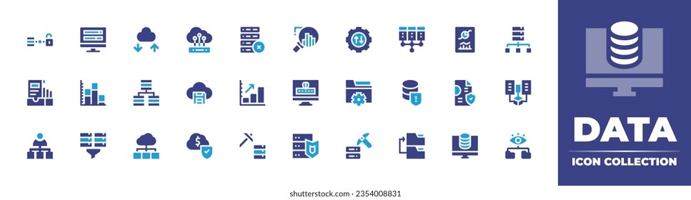 Data icon collection. Duotone color. Vector and transparent illustration. Containing open data,  storage, transfer, cloud data, analysis, server, report, science, and more