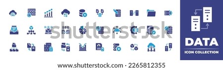 Data icon collection. Duotone color. Vector illustration. Containing cloud computing, database, data transfer, report, folder management, pie chart, data, filtering, hierarchical, archive, mean.