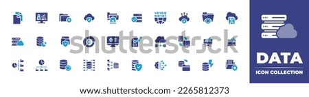 Data icon collection. Duotone color. Vector illustration. Containing home, cloud computing, folder, analytics, copy, data analysis, pie chart, database, server, data collection, data network.