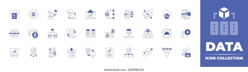 Data icon collection. Duotone style line stroke and bold. Vector illustration. Containing cloud, data, science, scientist, transfer, analytics, complexity, web, traffic, interchange, server, and more.