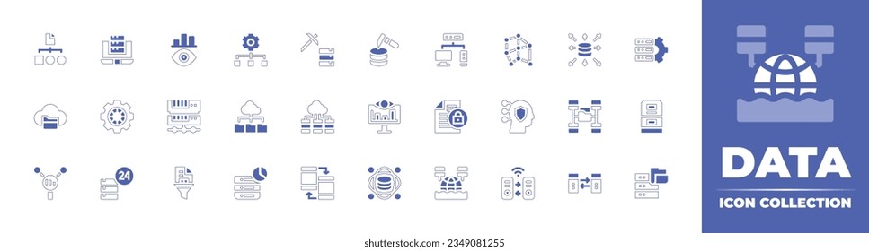 Data icon collection. Duotone style line stroke and bold. Vector illustration. Containing data, storage, modeling, management, mining, structure, science, cloud, transfer, encrypted, and more.