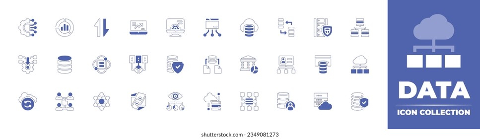 Data icon collection. Duotone style line stroke and bold. Vector illustration. Containing connection, donut, chart, mobile, data, trade, settings, transfer, cloud, system, integration, data, and more.