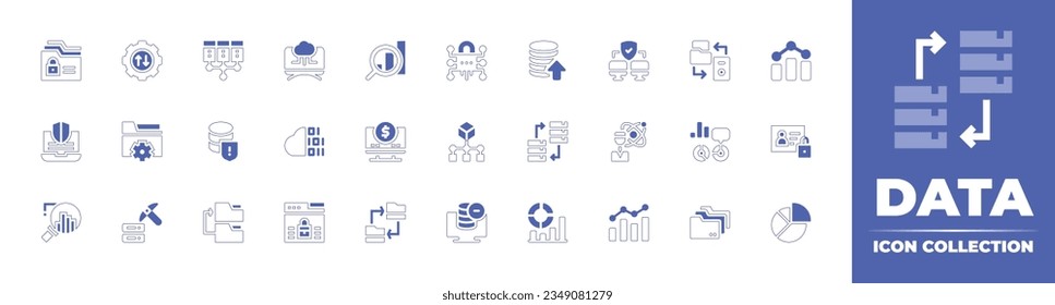 Data icon collection. Duotone style line stroke and bold. Vector illustration. Containing data, security, transfer, server, cloud, search, cyber, export, secure, transformation, analytics, and more.