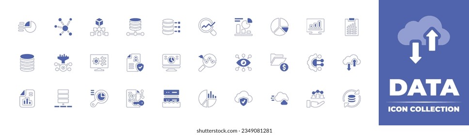 Data icon collection. Duotone style line stroke and bold. Vector illustration. Containing report, data, analytics, hierarchical, storage, science, analysis, graph, database, processing, and more.