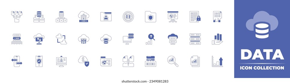 Sammlung von Datenymbolen. Duotone Stil Linie Strich und fett. Vektorgrafik. Enthält Daten, Sammlung, Netzwerk, Cloud, vertraulich, sicher, Analyse, Schutz, Verschlüsselung, See und mehr.