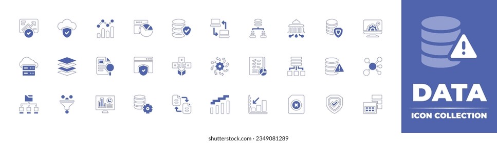 Recopilación de iconos de datos. Curso de línea de estilo duotónico y negrita. Ilustración vectorial. Conteniendo análisis, nube, datos, aumento, gráfico, base de datos, compartir, ciencia, digital, gobierno, cms, y más.