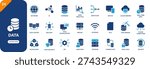 Data icon collection featuring data flow, server, data center, cloud computing and storage symbols. Solid vector icons.