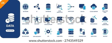 Data icon collection featuring data flow, server, data center, cloud computing and storage symbols. Solid vector icons.