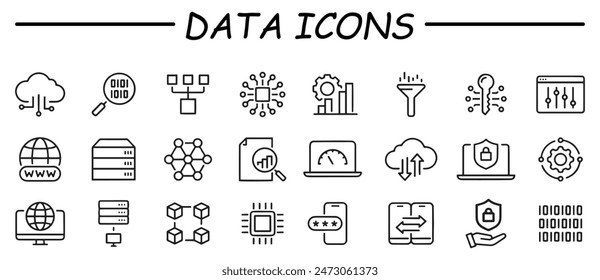 Data icon collection. Flat vector illustration. Containing data integration, data management, file backup, search, data science, analytics, check, network, classification, binary.