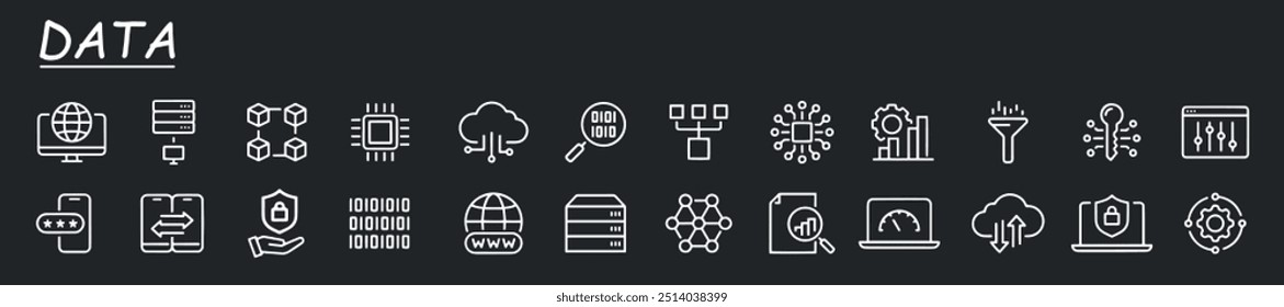 Coleção de ícones de dados. Ilustração de vetor plano. Contendo integração de dados, gerenciamento de dados, backup de arquivos, pesquisa, ciência de dados, análise, verificação, rede, classificação, binário.