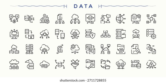 Colección de íconos de datos. colección de iconos de contorno de Vector. Trazo de Vector editable. Conjunto de iconos de análisis de datos. Contiene servidor, análisis de datos, tecnología, información, análisis, servidor de datos y más.