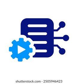 Data icon with play button and gear, integration of elements, blue and white colors, clear and organized, data processing theme, tech illustration, seamless flow, AI-driven.